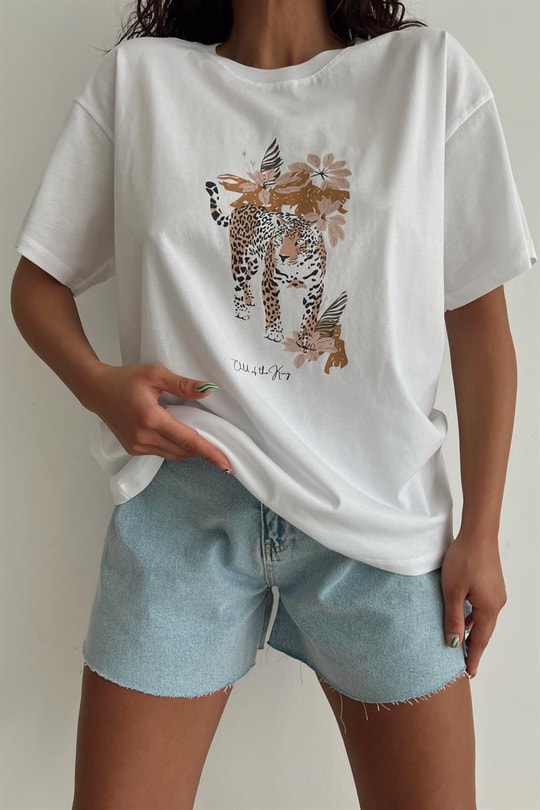 Leopar Desen Kısa Kollu Tshirt Beyaz