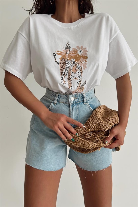 Leopar Desen Kısa Kollu Tshirt Beyaz