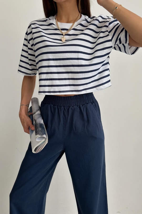 Line Crop Tshirt Lacivert