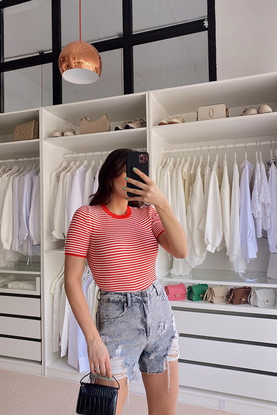 Line Desen Kısa Kollu Tshirt Kırmızı