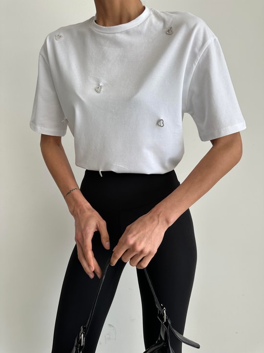 Lover Taşlı Tshirt Beyaz