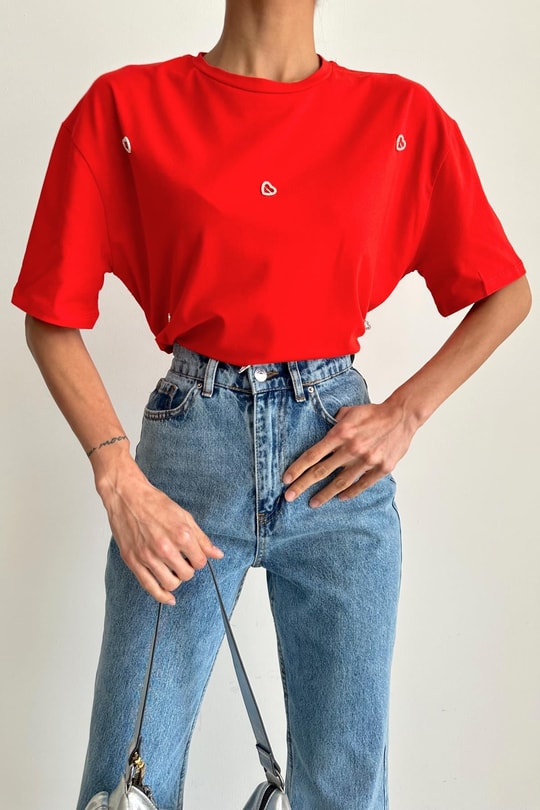 Lover Taşlı Tshirt Kırmızı