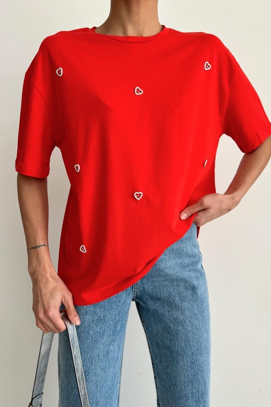 Lover Taşlı Tshirt Kırmızı