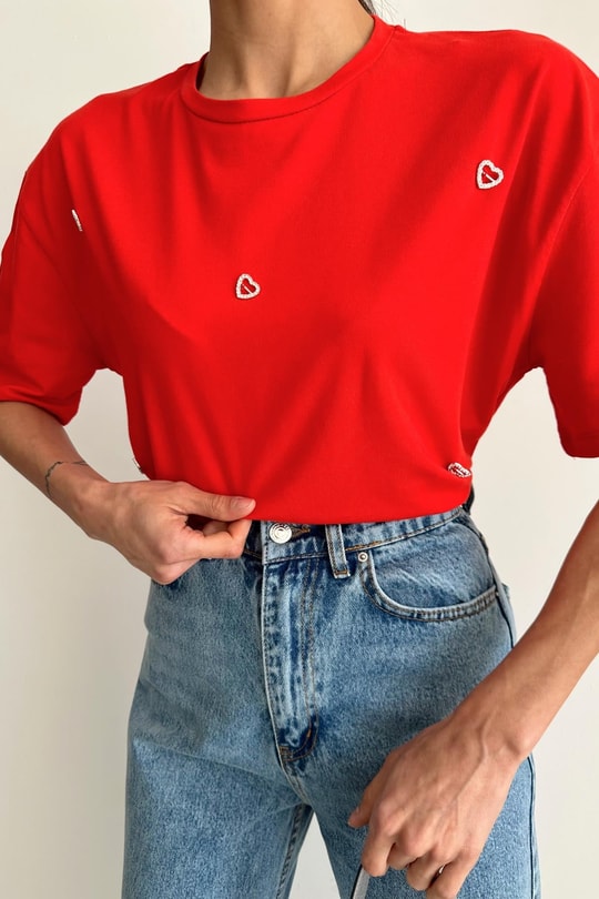 Lover Taşlı Tshirt Kırmızı