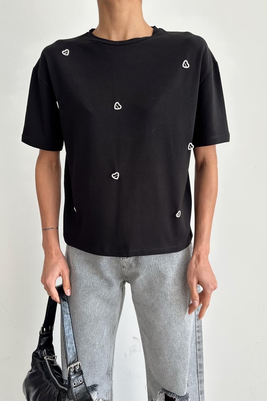 Lover Taşlı Tshirt Siyah