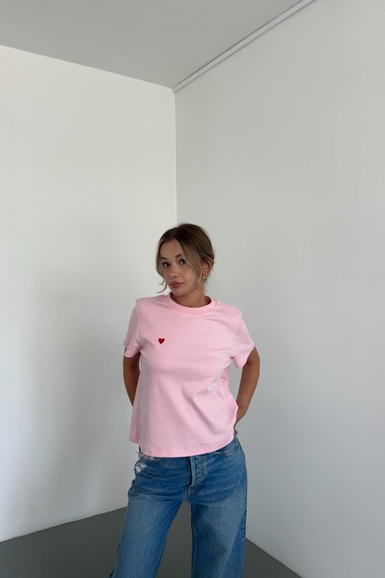 Mini Kalp Nakışlı Tshirt Pembe