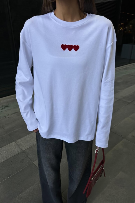 Mini Kalp Uzun Kol Tshirt Beyaz