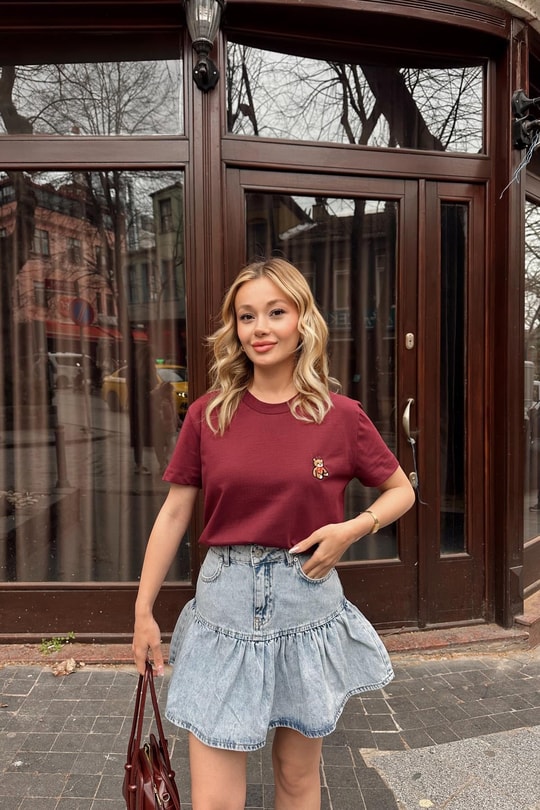 Mini Teddy Nakışlı Tshirt Bordo