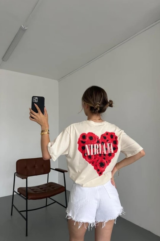 Nirvana Baskı Tshirt Bej