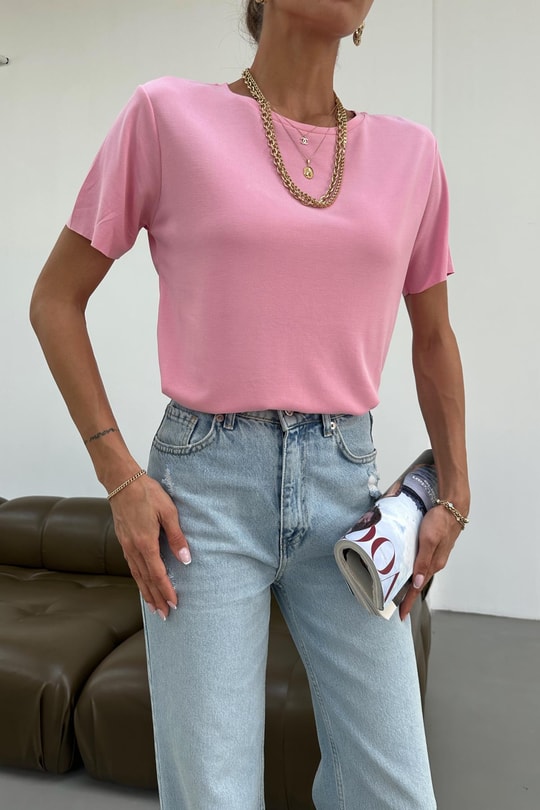 Oval Kesim Basic Tshirt Pembe