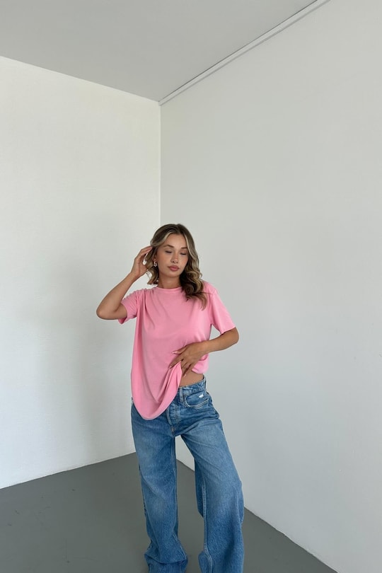 Oval Kesim Basıc Tshırt Şeker Pembe