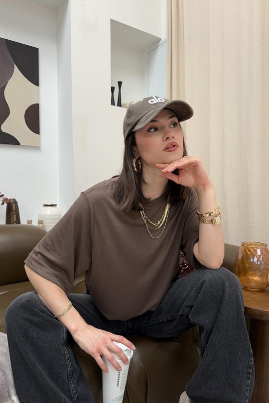 Oversıze Basic Tshirt Kahve