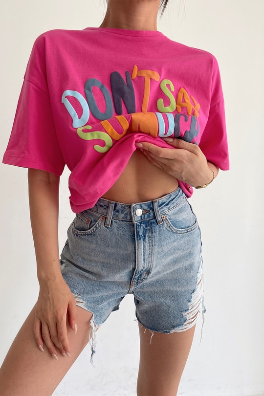 Oversize Text Tshirt Fuşya