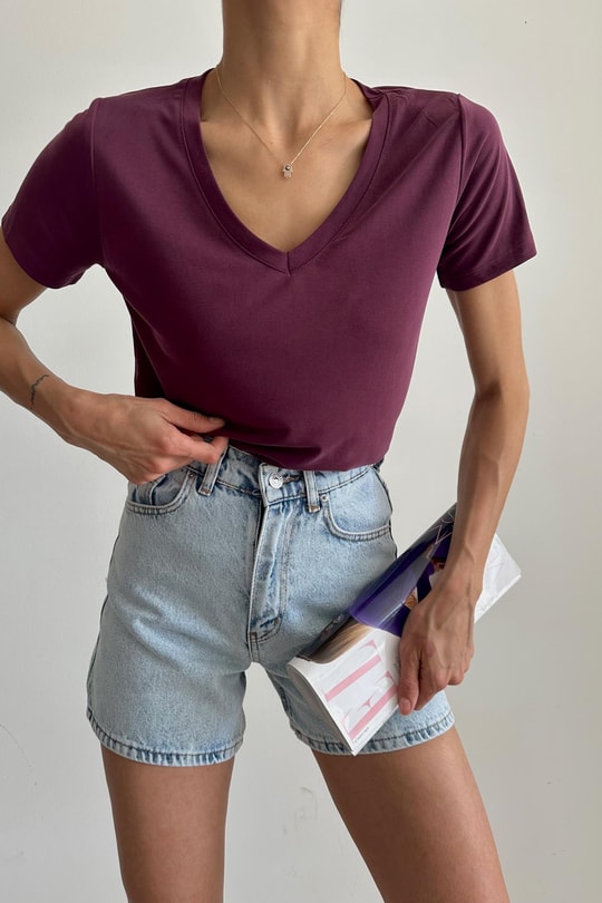 Oyso Kumaş V Yaka Basic Tshirt Bordo
