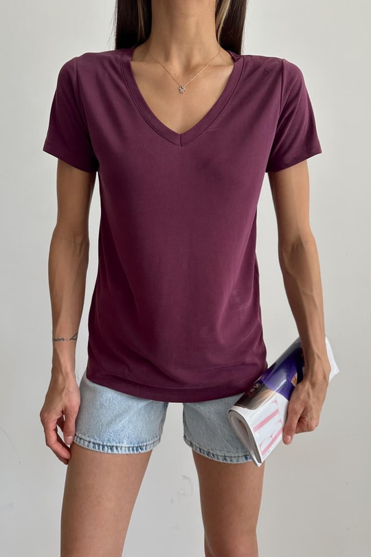 Oyso Kumaş V Yaka Basic Tshirt Bordo