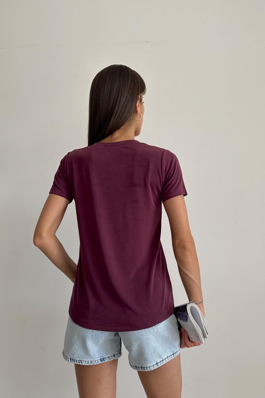Oyso Kumaş V Yaka Basic Tshirt Bordo