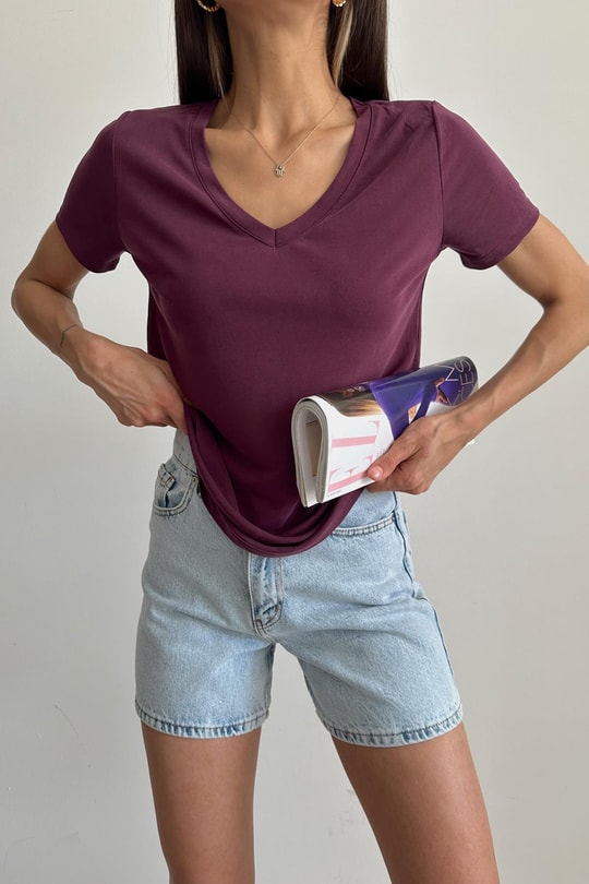 Oyso Kumaş V Yaka Basic Tshirt Bordo