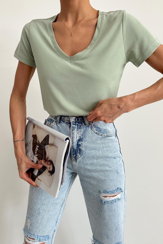 Oyso Kumaş V Yaka Basic Tshirt Çağla Yeşili