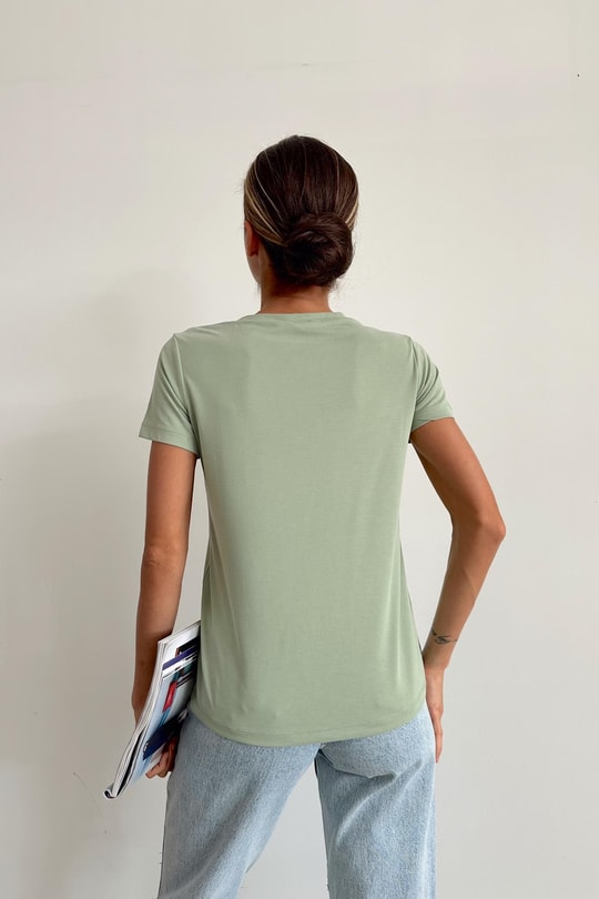 Oyso Kumaş V Yaka Basic Tshirt Çağla Yeşili