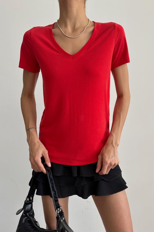 Oyso Kumaş V Yaka Basic Tshirt Kırmızı