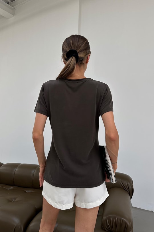 Oyso Kumaş V Yaka Basic Tshirt Kahve