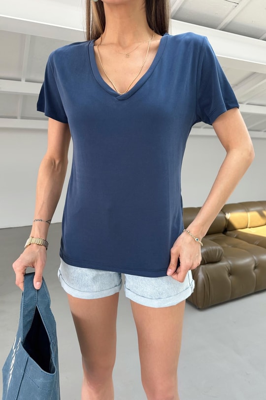 Oyso Kumaş V Yaka Basic Tshirt Lacivert