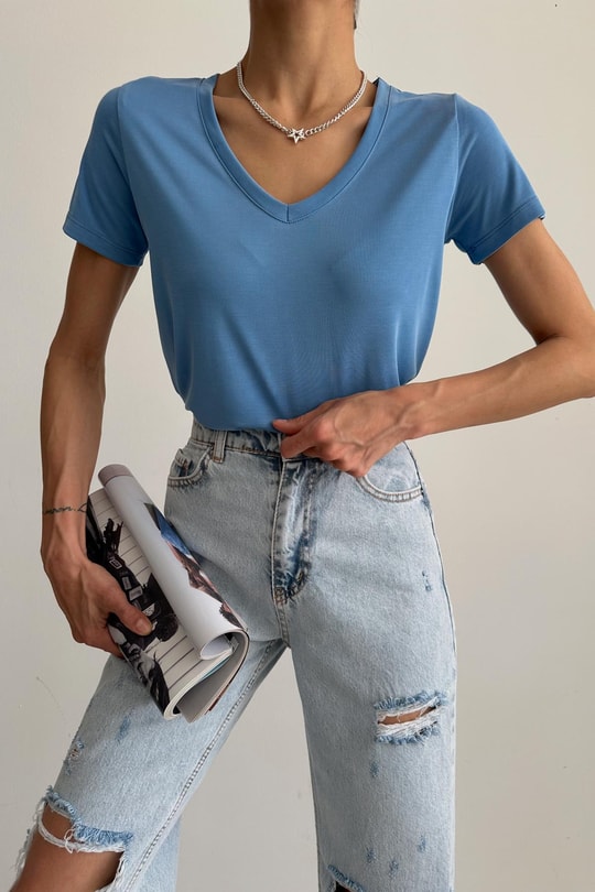 Oyso Kumaş V Yaka Basic Tshirt Mavi