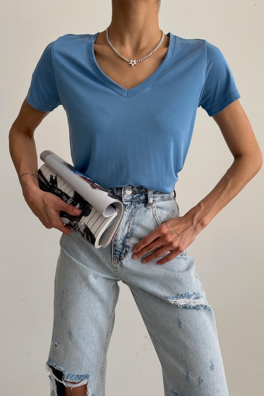 Oyso Kumaş V Yaka Basic Tshirt Mavi