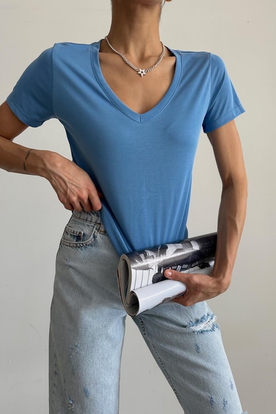 Oyso Kumaş V Yaka Basic Tshirt Mavi