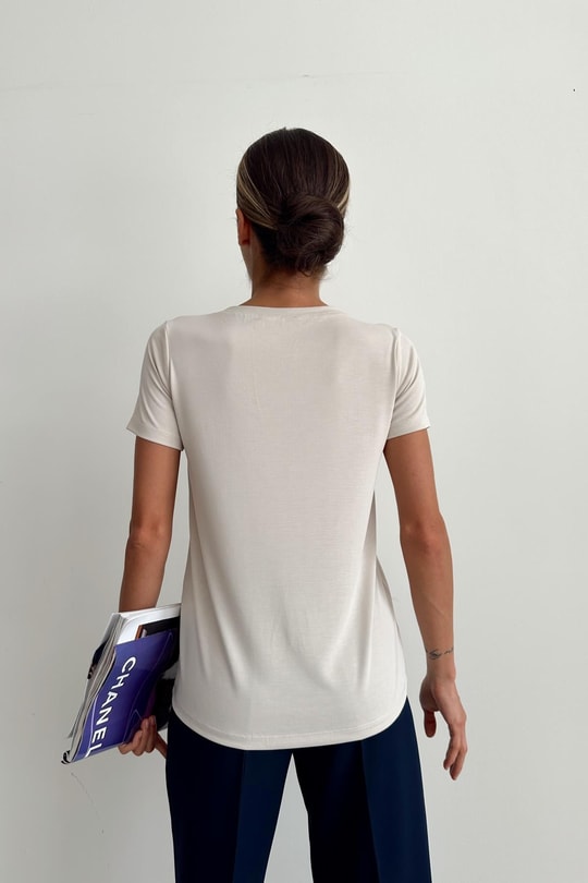 Oyso Kumaş V Yaka Basic Tshirt Taş