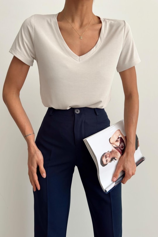 Oyso Kumaş V Yaka Basic Tshirt Taş