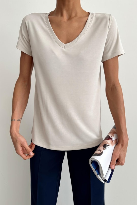 Oyso Kumaş V Yaka Basic Tshirt Taş