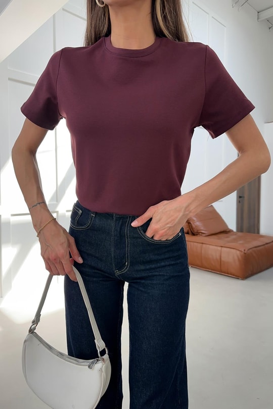 Pamuklu Basic Tshirt Bordo