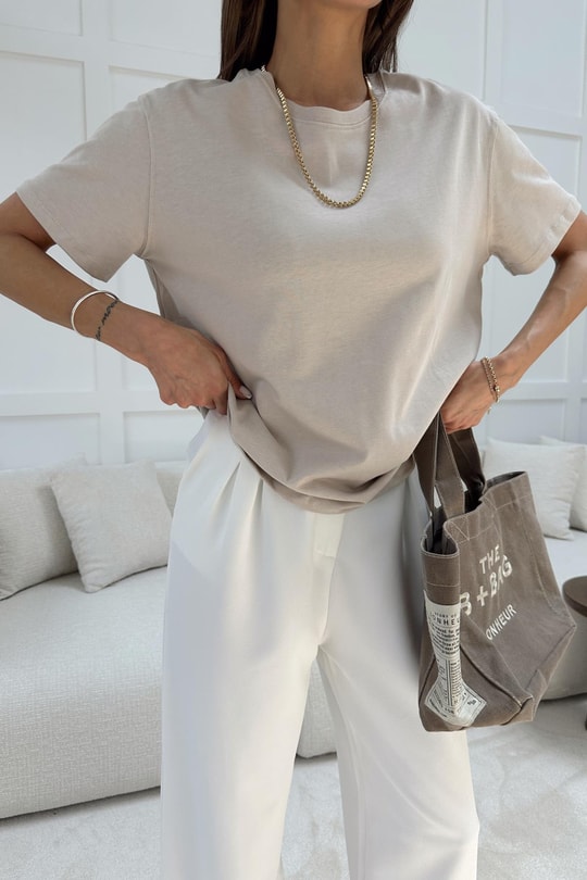 Pamuklu Oversize Tshirt Taş