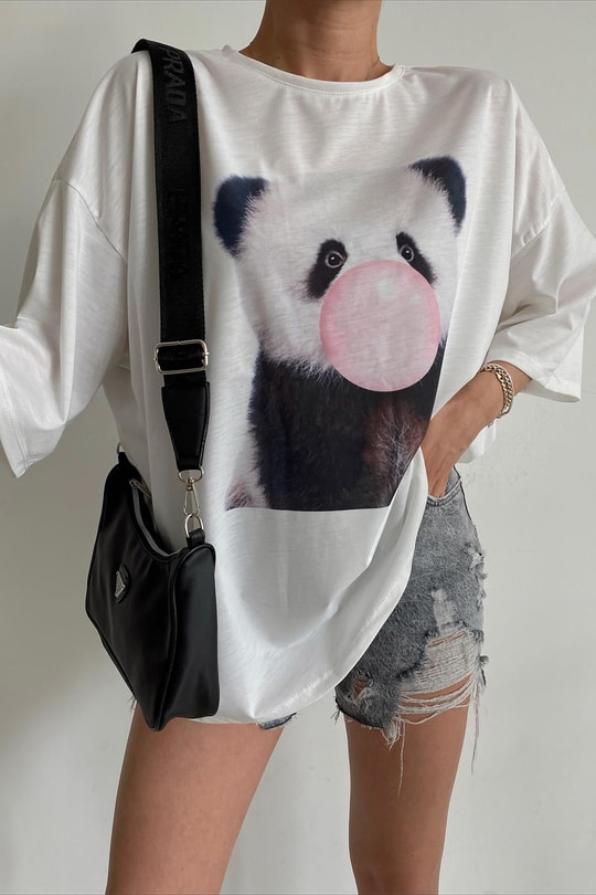 Panda Baskılı Oversize Tshirt Beyaz