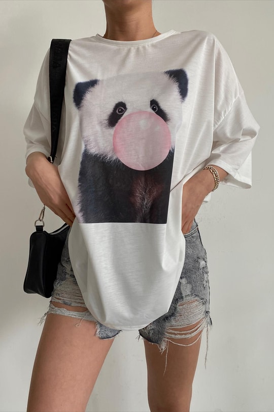 Panda Baskılı Oversize Tshirt Beyaz