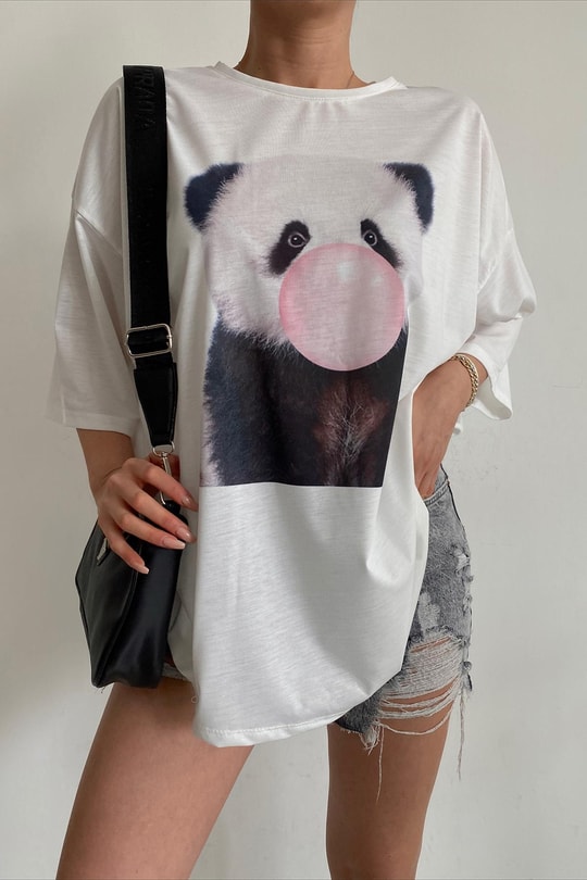 Panda Baskılı Oversize Tshirt Beyaz