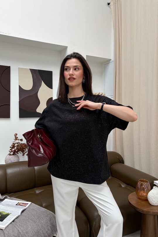 Parıltılı Kısa Kol Tshirt Siyah