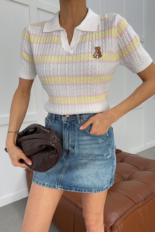 Polo Yaka Ayıcık İşlemeli Tshirt Beyaz
