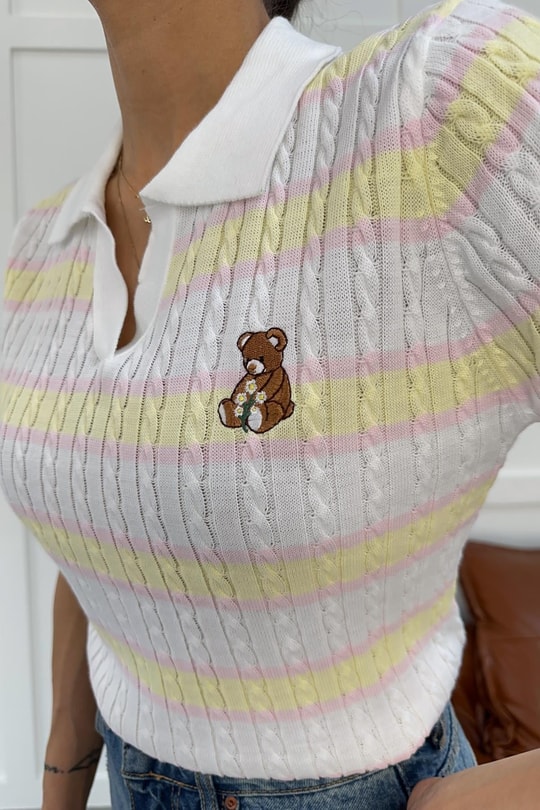 Polo Yaka Ayıcık İşlemeli Tshirt Beyaz