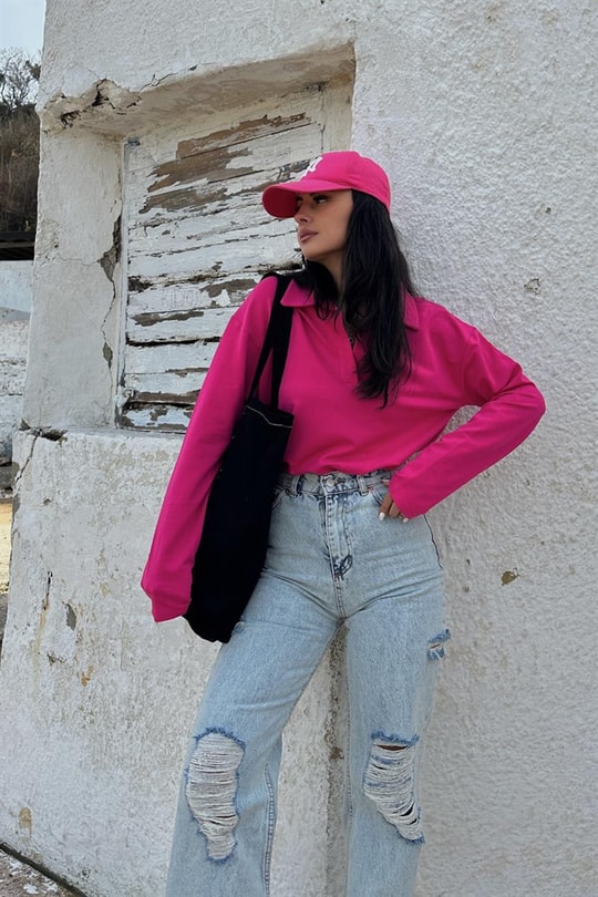 Polo Yaka Basic Tshirt Fuşya
