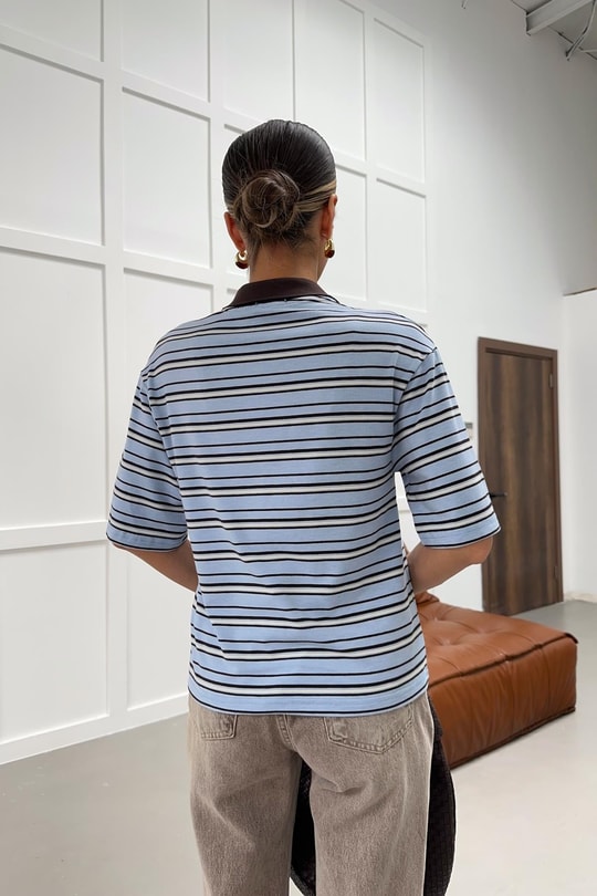 Polo Yaka Çizgili Tshirt Mavi