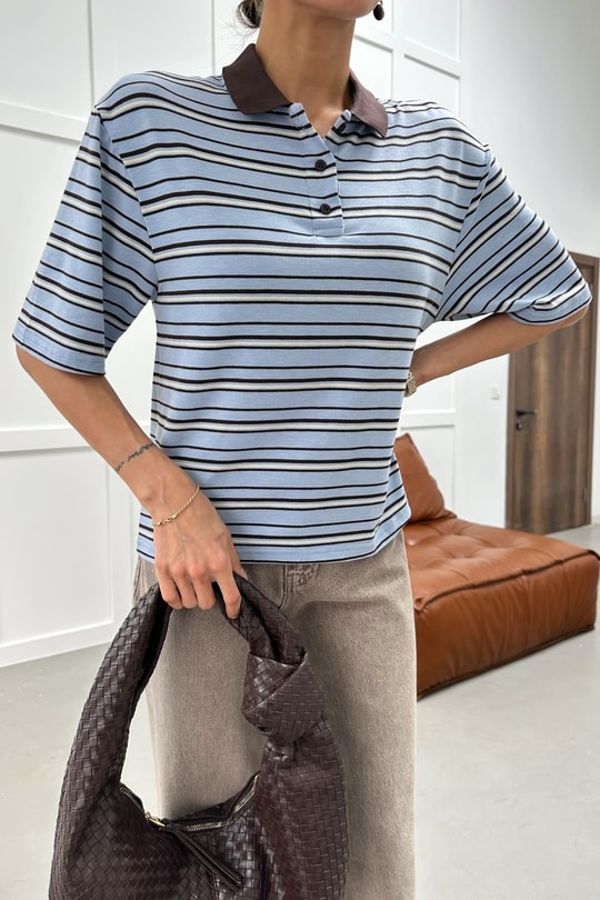 Polo Yaka Çizgili Tshirt Mavi