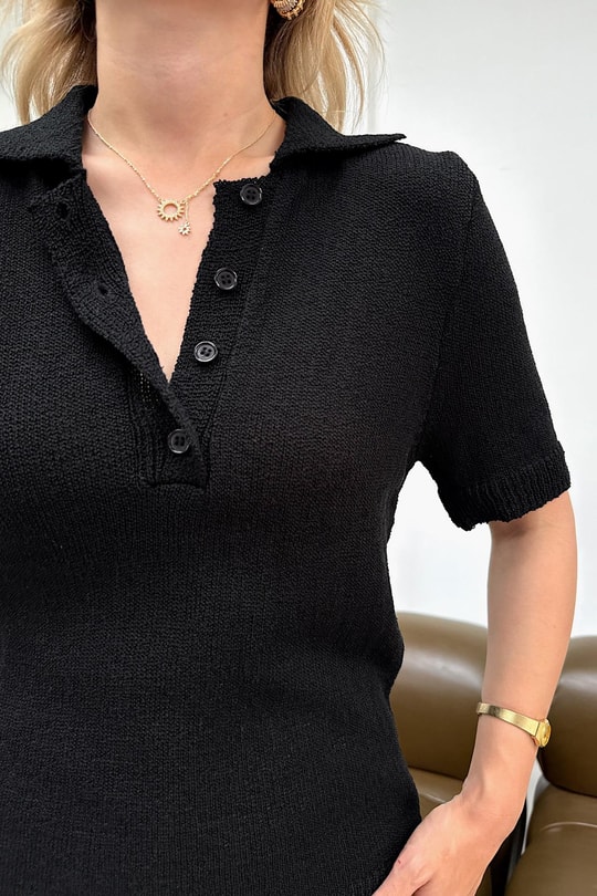 Polo Yaka Düğmeli Kısa Kol Triko Siyah