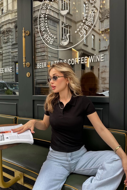 Polo Yaka Düğmeli Tshirt Siyah