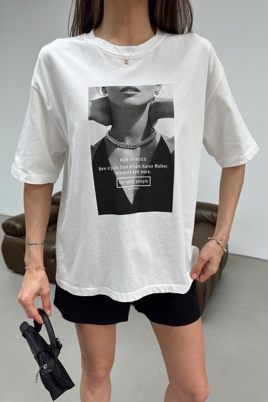 Resim Baskılı T-shirt Ekru
