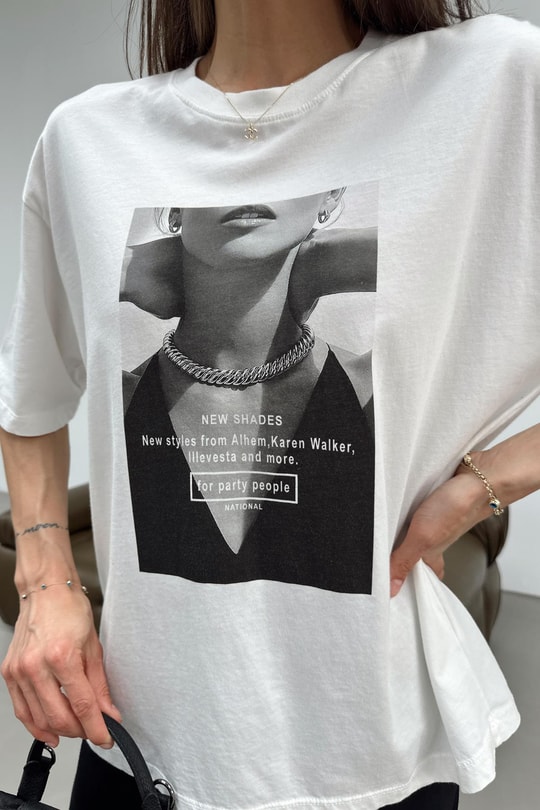 Resim Baskılı T-shirt Ekru