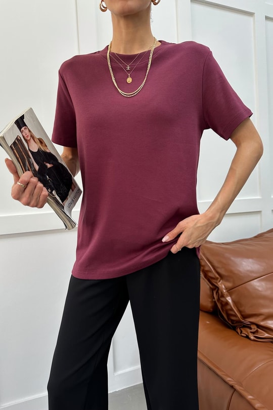Ribanalı Premium Basic Tshirt Mürdüm