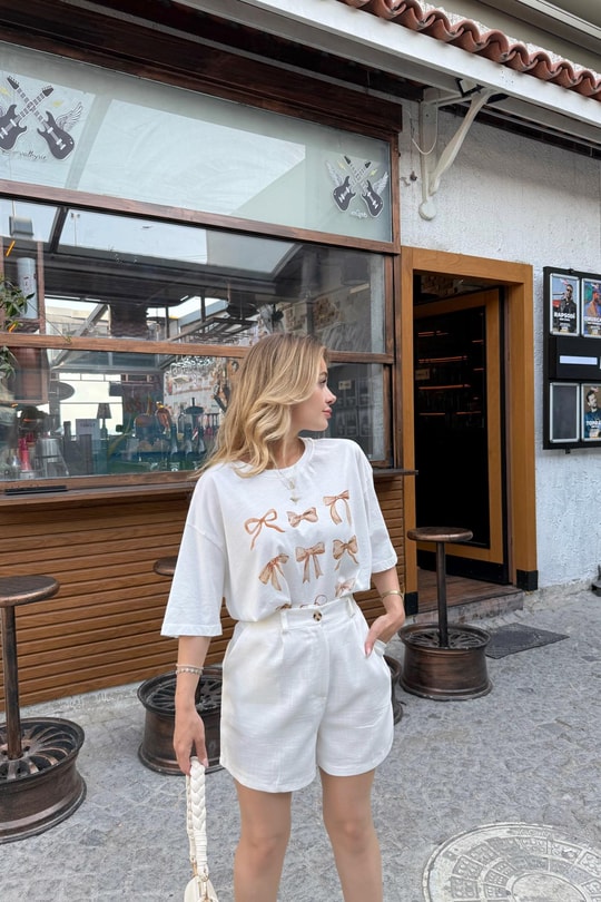 Ribbon Baskılı T-shirt Ekru