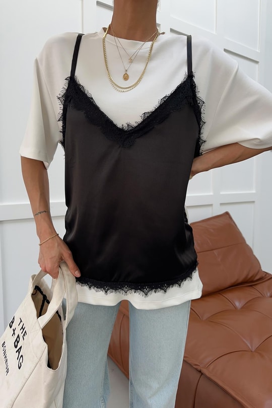 Saten Detay Modal Tshirt Beyaz